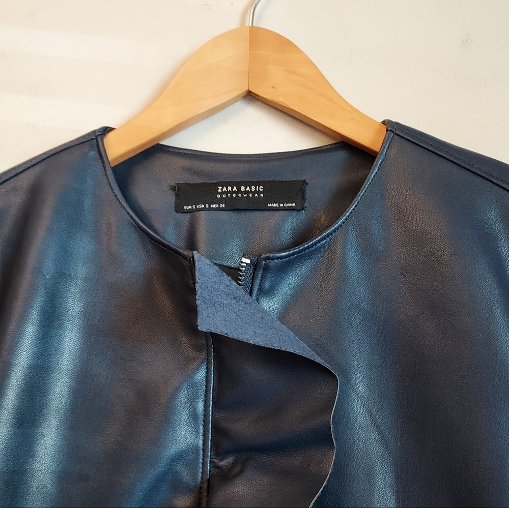 Zara Blue Ruffle Faux Leather Jacket Size Small NEW NWT - Picture 3 of 9